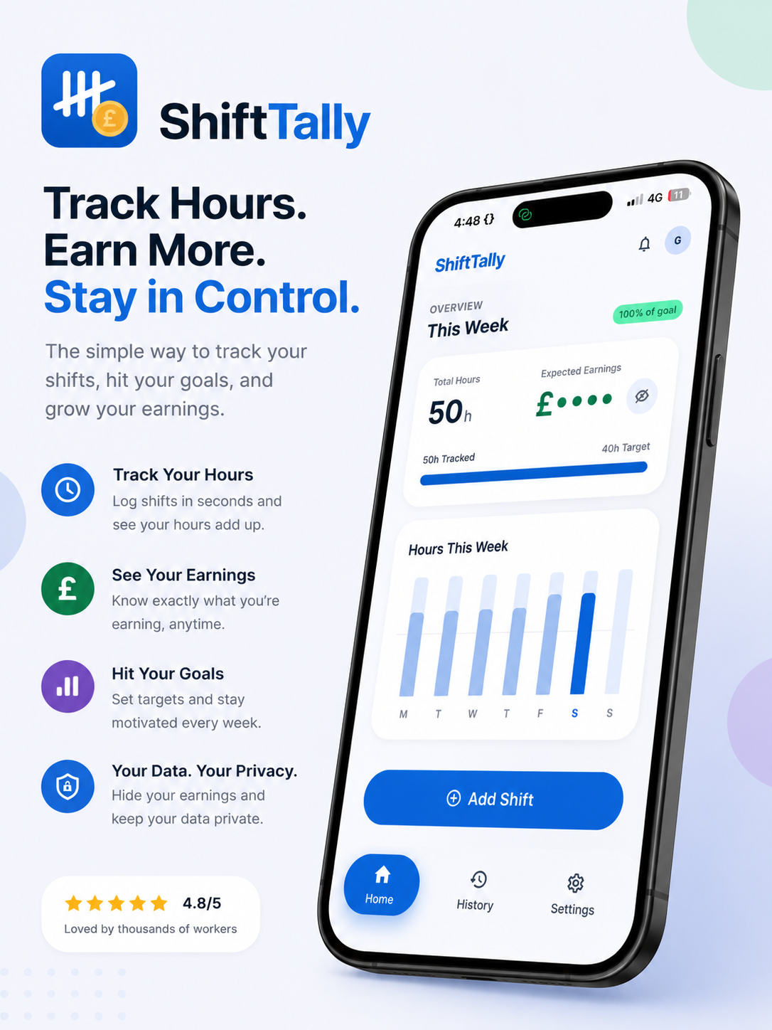 ShiftTally app overview — track hours, see earnings, hit weekly goals, keep your data private